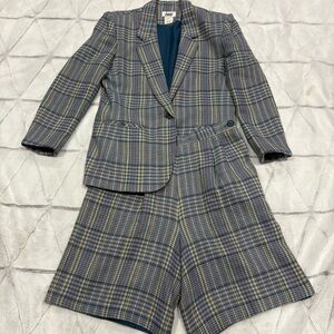 Lucia Vintage Women’s Suit Short Plaid Blue Wool Blend 90s Retro Workwear USA